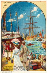 Cestující nastupující na loď rakouské linie Lloyd v přístavu Suez, Egypt (chromolitho) od French School