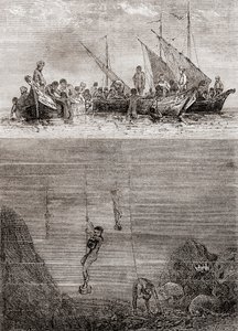 Potápěči perel u pobřeží ostrova Cejlon v 18. století, z „Les Merveilles de la Science“, vydané kolem roku 1870 (rytina) od French School