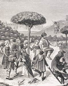 Selské tance o májových svátcích, podle miniatury v modlitební knize z 15. století, z „Le Moyen Age et La Renaissance“ od Paula Lacroixe (1806–84), vydaného v roce 1847 od French School