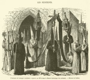 Penitents of Limoges, kostýmy vystavené v roce 1874 v Muzeu historických kostýmů (rytina) od French School
