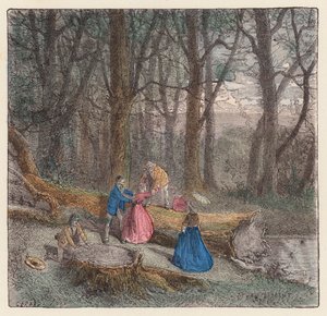 Lidé lezoucí přes pokácený strom (barevná rytina) od French School