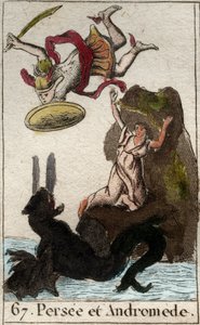Reprezentace Persee přichází k záchraně Andromedy enchainee a un rock (Perseus save Andromeda spoutaná ke skále) Z „Mythologie de la jeunesse“ od Pierra Blancharda 1803. od French School