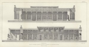 Persepolis, síň sta sloupů, geometrický nárys a podélný řez, restauroval Ch Chipiez od French School