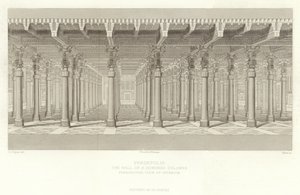 Persepolis, síň sta sloupů, perspektivní pohled na interiér, restauroval Ch Chipiez od French School