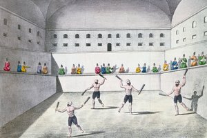 Perští sportovci cvičící v tělocvičně, cca 1820 (barevná rytina) od French School