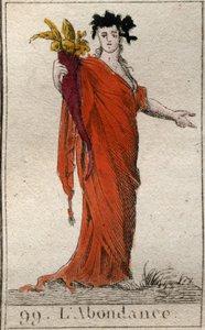Personifikace hojnosti, držící roh hojnosti. Personifikace hojnosti, držení roh hojnosti. Z „Mytologie mládí“ od Pierra Blancharda 1803. od French School