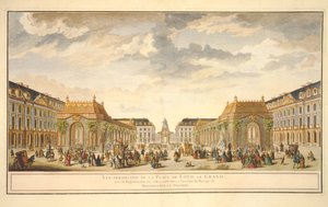 Perspektivní pohled na Place de Louis le Grand s místnostmi postavenými u příležitosti svatby Monseigneur le Dauphin (barevná rytina) od French School