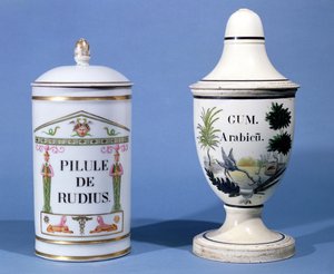 Farmaceutické dózy na Pilule de radius a arabskou gumu (fajáns) od French School