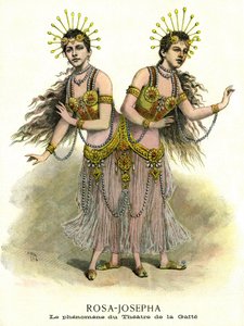 Fenomény v podívané: Rose a Joseph, siamské sestry, uvedené v divadle Gaite v Paříži v roce 1891 (tisk) od French School
