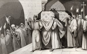 Philippe III (1245-85) Smělý pomáhá nést rakev svého otce, z „Histoire de France“ od Colarta, vydané kolem roku 1840 od French School