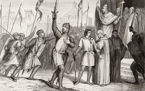 Filip I. (1052-1108) a papež Urban II. (asi 1035-99) shromažďují své stoupence na první křížovou výpravu v roce 1095, z Colartovy knihy "Histoire de France", vydané asi v roce 1840. od French School