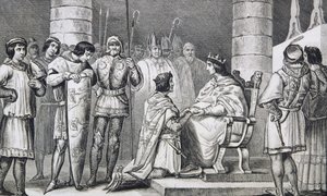Philippe VI (1293-1350) de Valois vzdává hold Edwardovi III. (1312-77) z Anglie, ale pouze jako vévoda z Akvitánie, z „Histoire de France“ od Colarta, vydaného kolem roku 1840 od French School
