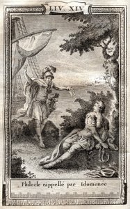 Philocle vzpomíná od Idomenee - rytina z roku 1798 po Monnetovi v „Les Aventures de Telemaque, fils d