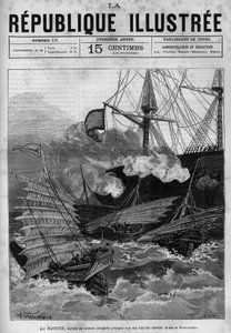 Pirátství: válečná loď Annamite „“La Magune““ napadená čínskými piráty. Noviny. Rytina z roku 1880 v soukromé sbírce „La republique illustree“. od French School