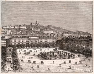 Place Bellecour nebo Place Louis-le-Grand - největší náměstí v Lyonu - rytina „La France illustrée: geografie, historie, statistická správa“ od V.-A. Sladově hnědá. 1884 od French School