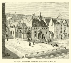 Place du Parvis, v patnáctém století, a vstup do Hôtel-Dieu od French School