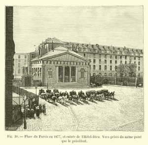 Place du Parvis v roce 1877 a vstup do Hôtel-Dieu, pohledy ze stejného bodu jako předchozí od French School