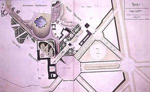 Plán z „Projektu pro sloučení dvou zahrad dvou Trianonů“ ve Versailles, červenec 1808 (pero, inkoust a akvarel na papíře) od French School