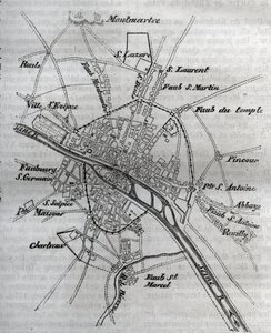 Mapa Paříže za Jindřicha III. (1580) Rytina do „Fyzické, občanské a morální historie Paříže: od nejstarších historických dob po současnost““ od Jacquese Antoine Dulaure od French School