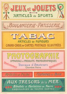 Talíř č. 20: Modely nápisů pro secesního malíře dopisů (Hry a hračky, Pekárna-cukrárna, Tabák, Fotografie). od French School