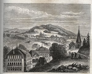 Plombieres-les-Bains (Plombieres les Bains) termální letovisko Vogézy - rytina v „La France illustree: geografie, historie, statistická správa“ od V.A. Sladově hnědá. 1884 od French School