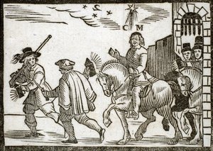 Politické pamflety Mazarináda: Mazarin prchá z Paříže na koni uprostřed noci, před ním dva komorníci nesoucí lucerny. Ryté dřevo 1651 od French School