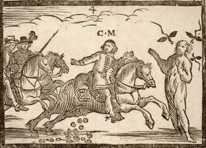Politické brožury Mazarinade: Mazarin ve svém letu shazuje Ecus: před ním stojí stín Concini, maršála Anchor. Ryté dřevo 1651. od French School