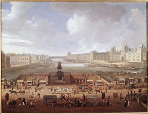 Pont-Neuf, Paříž, při pohledu od vstupu na náměstí Place Dauphine zobrazující 4 Nations College, Quai Malaquais a Louvre (olej na plátně od French School