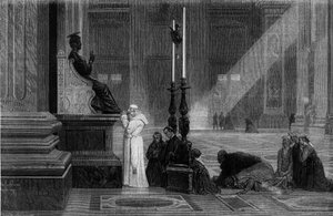 Papež Pius IX. (1792-1878) se modlil u sochy svatého Petra v bazilice svatého Petra v Římě. Rytina z „“ Řím: popis a suvenýry“ od Francise Weye, roky 1870. od French School