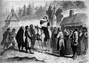 Papež překládá a čte ukase (oukase) od ruského císaře (Alexandra II.) polským negramotným rolníkům od French School