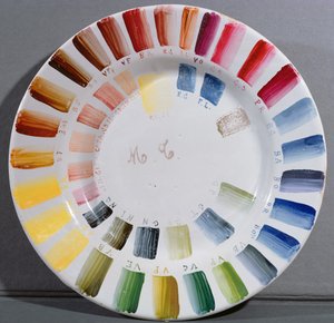 Porcelánový výrobní talíř se vzorníkem barev (porcelán)