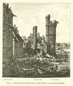 Brána a věž Nesle, 1640, po Callotovi, pohled z Pont-Neuf od French School