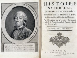 Portrét a titulní strana "" Přírodní, obecné a zvláštní dějiny"" od Buffona od French School