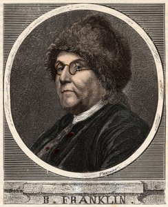 Portrét BENJAMINA FRANKLINA (1706-1790) Americký tiskař, nakladatel, vědec, vynálezce, státník a diplomat - Portrét Benjamina Franklina (1706-1790), amerického fyzika, filozofa a politika - Rytina v „“ Vědy přivedené na dosah o od French School