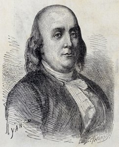 Portrét Benjamina Franklina (1706 - 1790), amerického politika, památníka, pamfleta a fyzika - v „“ Album of Science; proslulí učenci; Velké objevy””” 1896. od French School