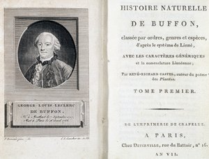 Buffonův portrét a titulní list "Buffonova přírodopisu" s rozdělením podle řádů, rodů a druhů podle Linného systému od French School