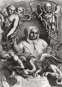 Portrét Catherine Monvoisin (La Voisin) (1640-80) (rytina) (černobílá fotografie) od French School