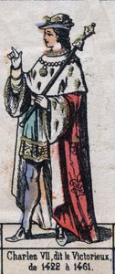Portrét francouzského Karla VII., známého jako Karel Vítězný nebo Karel Dobře sloužil (1403-1461) (dynastie Kapetů). Ilustrace z konce 19. století. od French School