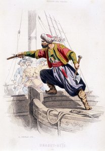Portrét Draguta - Reïse, tureckého piráta 16. století - v „“Historie pirátů a korzárů oceánu a Středozemního moře”” od P. Christiana, Paris, D. Cavaillés ed., Tome 1 od French School