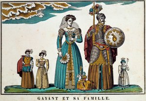 Portrét Gayanta, obra symbolizujícího město Douai, zobrazuje s jeho rodinou: jeho manželku Marie Cagenonovou a jeho tři děti Jacquota, Fillona a Binbina. 18. století, rytina, snímky od Belforta. Ferrandova sbírka od French School