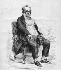 Portrét Henryho Monniera (1799-1877), francouzského dramatika, karikaturisty a komika. Je oblečený jako „Monsieur Prudhomme“, postava vynalezená Monnierem, karikatura francouzské buržoazie v 19. století. Gravírování v „“ Le Monde Illustré““ č. 1031 of od French School