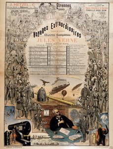 Portrét Julese Verna a výjevy z jeho děl - Reklamní plakát na jeho kompletní dílo od French School