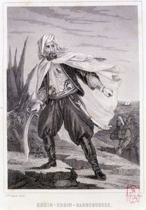 Portrét Kheira - Eddina - Barberousse, tureckého piráta 16. století - v „“Historie pirátů a lupičů oceánu a Středozemního moře““ od P. Christiana, Paris, D. Cavaillés ed., Volume 1 od French School