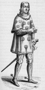 Portrét Louise de Malet, pána z Graville (asi 1441-asi 1519), admirála Francie v roce 1487, ve válečném a turnajovém kostýmu. Rytina v „La Marine et les colonies: commerce“ od French School