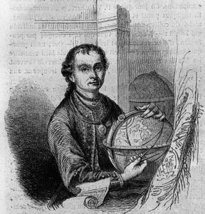 Portrét Pierra (Petera) Anicha (1723-1766), tyrolského astronoma a kartografa, držícího v ruce glóbus a kompas. Gravírování v „“Le Magasin malebné““ od French School