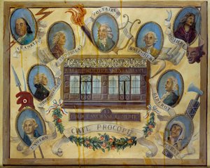 Portrét historických osobností a pohled na pařížskou kavárnu Le Procope: Jean Jacques Rousseau, Voltaire, Jean D