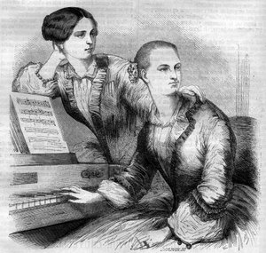 Portrét sester Cruvelliových, německých tanečnic. Sophie Cruvelli (Johanna Sofia Charlotte Cruwell, dit) (1826-1907) a Marie Cruvelli (Friederike Marie Cruwell, dit) (1824-1868). Rytina z roku 1852. od French School