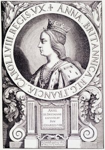 Portrét francouzské královny Anny Bretaňské (1477-1514). Rytina z „Louis XII et Anne de Bretagne“ od Paula Lacroixe, ed. Georges Hurtrel od French School