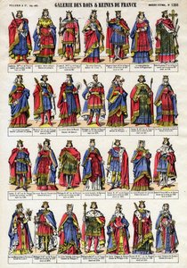 Portrét francouzských králů a královny z dynastie Kapetovců (Kapetovská dynastie) od Lothairea (941-986) po Ludvíka X. Hutina (1289-1316). Epinal zobrazování z konce 19. století. Soukromá sbírka. od French School