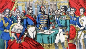 Portrét suverénů Evropy během mírové smlouvy v roce 1856: zleva doprava, Viktor Emmanuel II (Victor Emmanuel) (Vittorio Emanuele), král Sardinie, Viktorie, královna Anglie, Napoleon III, turecký císař, Alexander II, král Ruska, F od French School